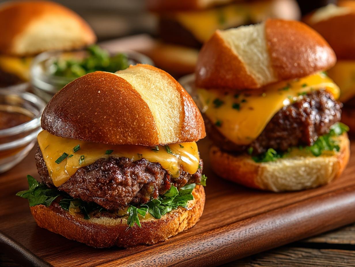 Gros plan sur des mini burgers au beurre cowboy avec fromage fondant et garniture verte.