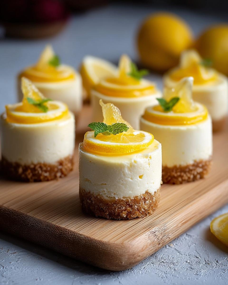 Gros plan sur des mini cheesecakes au citron facile, garnis d'une tranche de citron et d'une feuille de menthe.