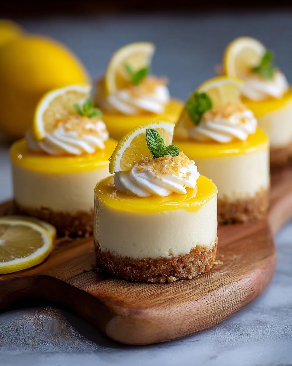 Gros plan sur des mini cheesecakes au citron facile, décorés de crème fouettée, d'une tranche de citron et de menthe.
