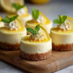 Gros plan sur des mini cheesecakes au citron facile, garni de crème fouettée, d'une tranche de citron et de menthe.