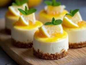 Gros plan sur des mini cheesecakes au citron facile décorés de tranches de citron et de menthe.