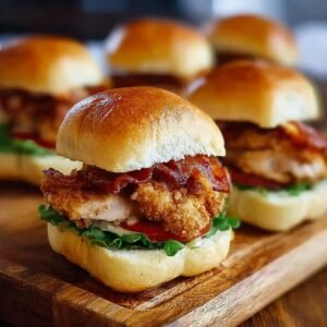 Gros plan sur des mini sandwichs au poulet croustillant, bacon, laitue et tomate sur un plateau en bois.