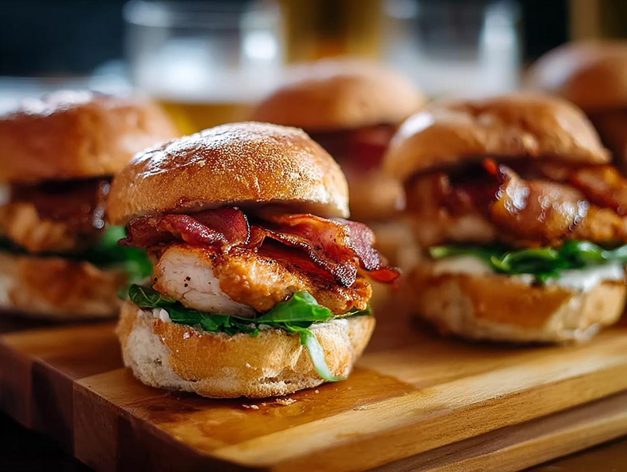 Gros plan sur des mini sandwichs au poulet et bœuf garnis de bacon croustillant et de verdure fraîche.