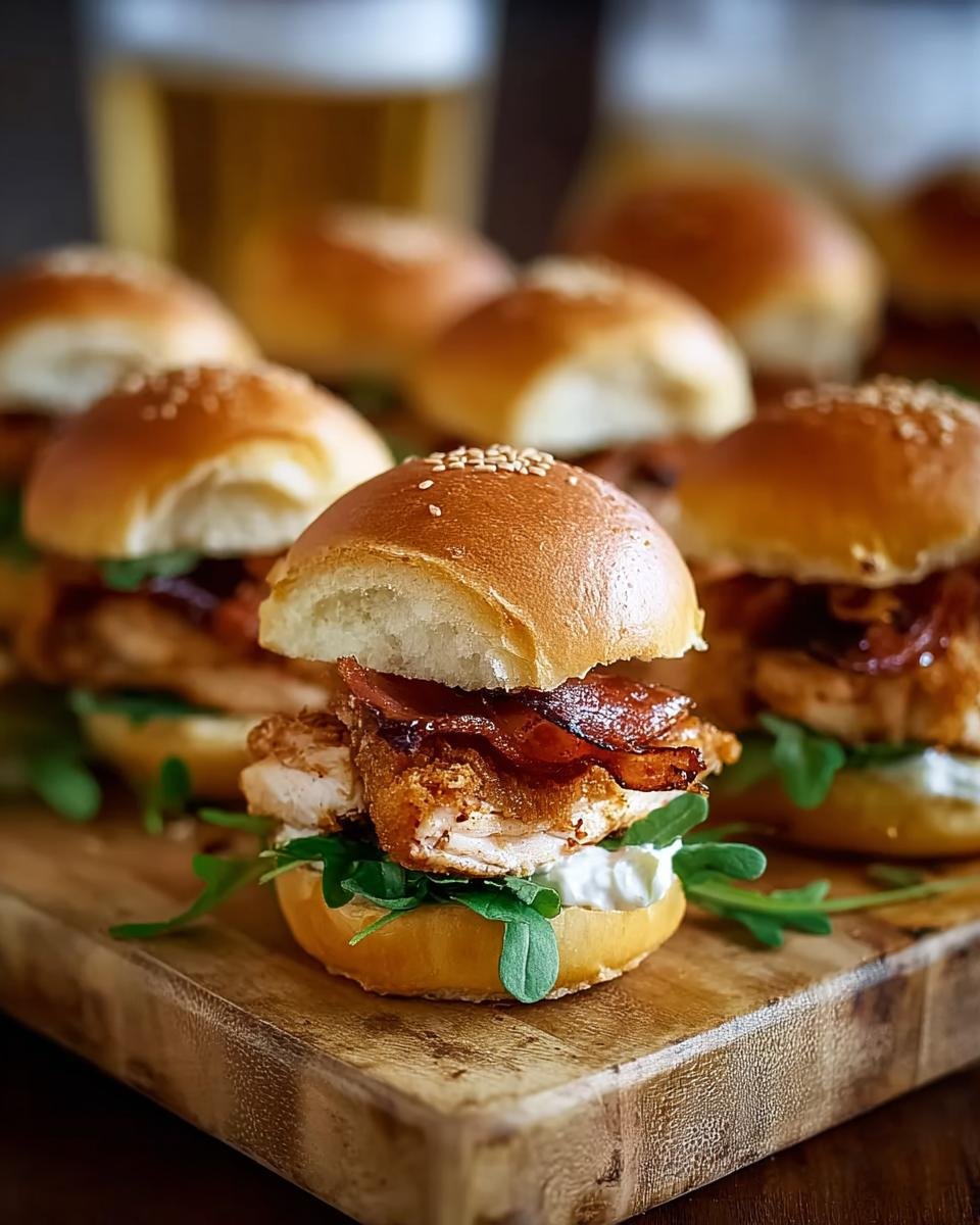 Gros plan sur des mini sandwichs au poulet et bœuf, garnis de bacon croustillant et de roquette.