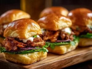 Mini Sandwichs Poulet Bœuf : 1 recette facile Gros plan sur des mini sandwichs au poulet et bœuf, garnis de laitue, oignon rouge et sauce.