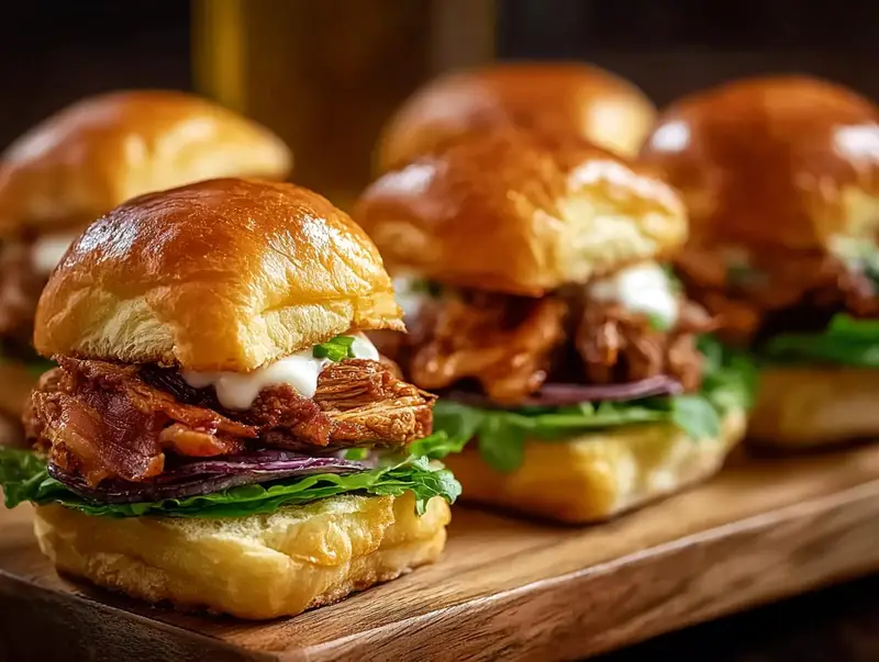 Gros plan sur des mini sandwichs au poulet et bœuf, garnis de laitue, oignon rouge et sauce.