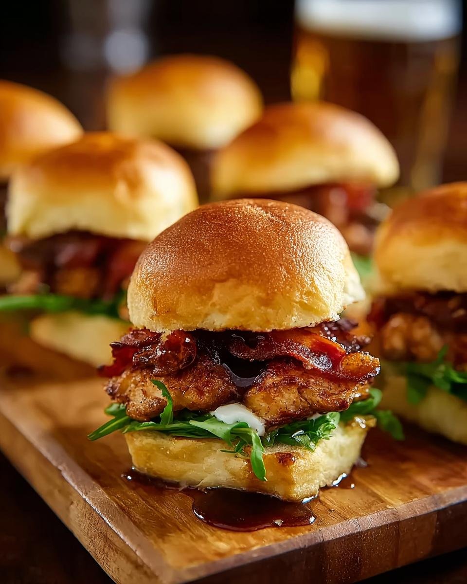 Gros plan d'un mini sandwich au poulet et bœuf garni de bacon croustillant, de roquette et d'une sauce savoureuse.