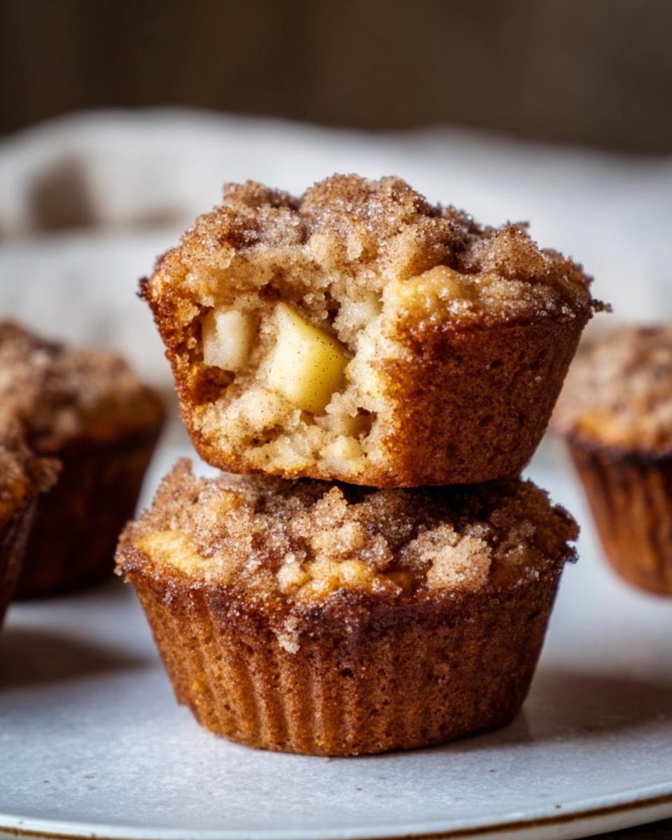 Deux muffins moelleux aux pommes empilés, le dessus craquelé et garni de sucre et de cannelle.