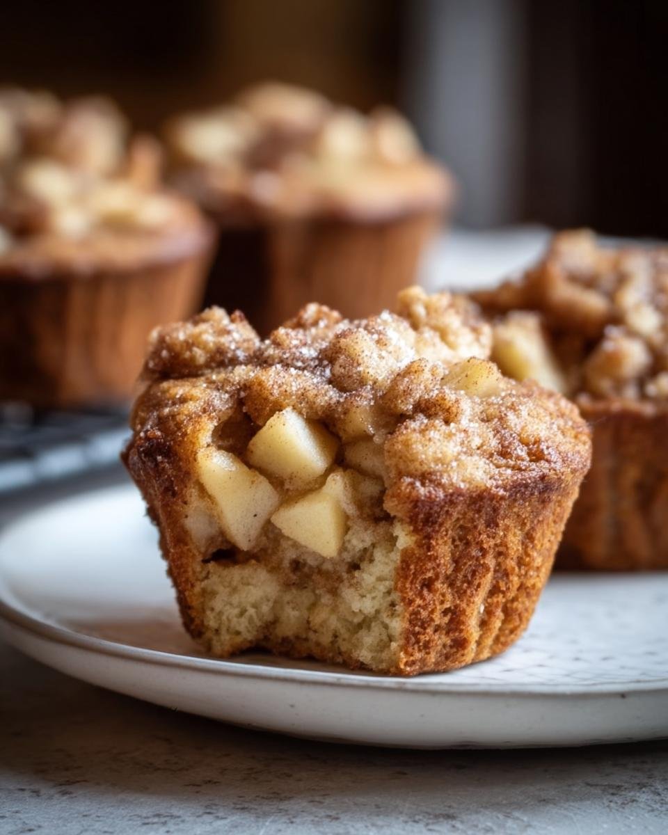 Gros plan d'un muffin moelleux aux pommes, garni de morceaux de pommes et de crumble.