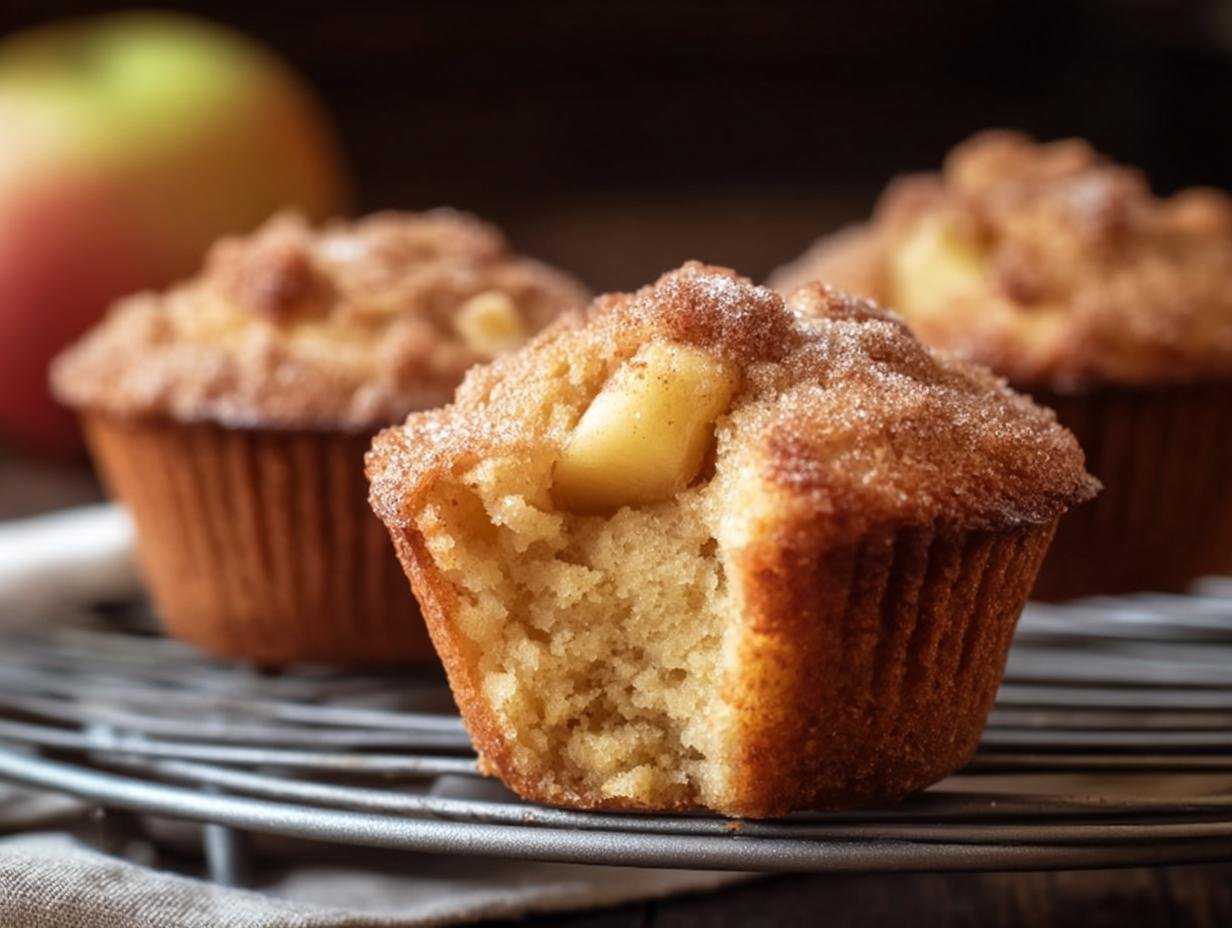 Gros plan sur un muffin moelleux aux pommes, avec une bouchée enlevée, révélant la texture et les morceaux de pomme.
