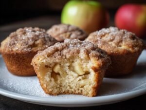 Gros plan sur des muffins moelleux aux pommes, l'un d'eux est croqué, révélant des morceaux de pomme à l'intérieur.