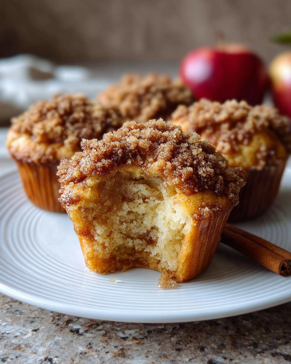 Gros plan d'un muffin pomme cannelle streusel avec une bouchée, montrant la texture moelleuse et le dessus croustillant.