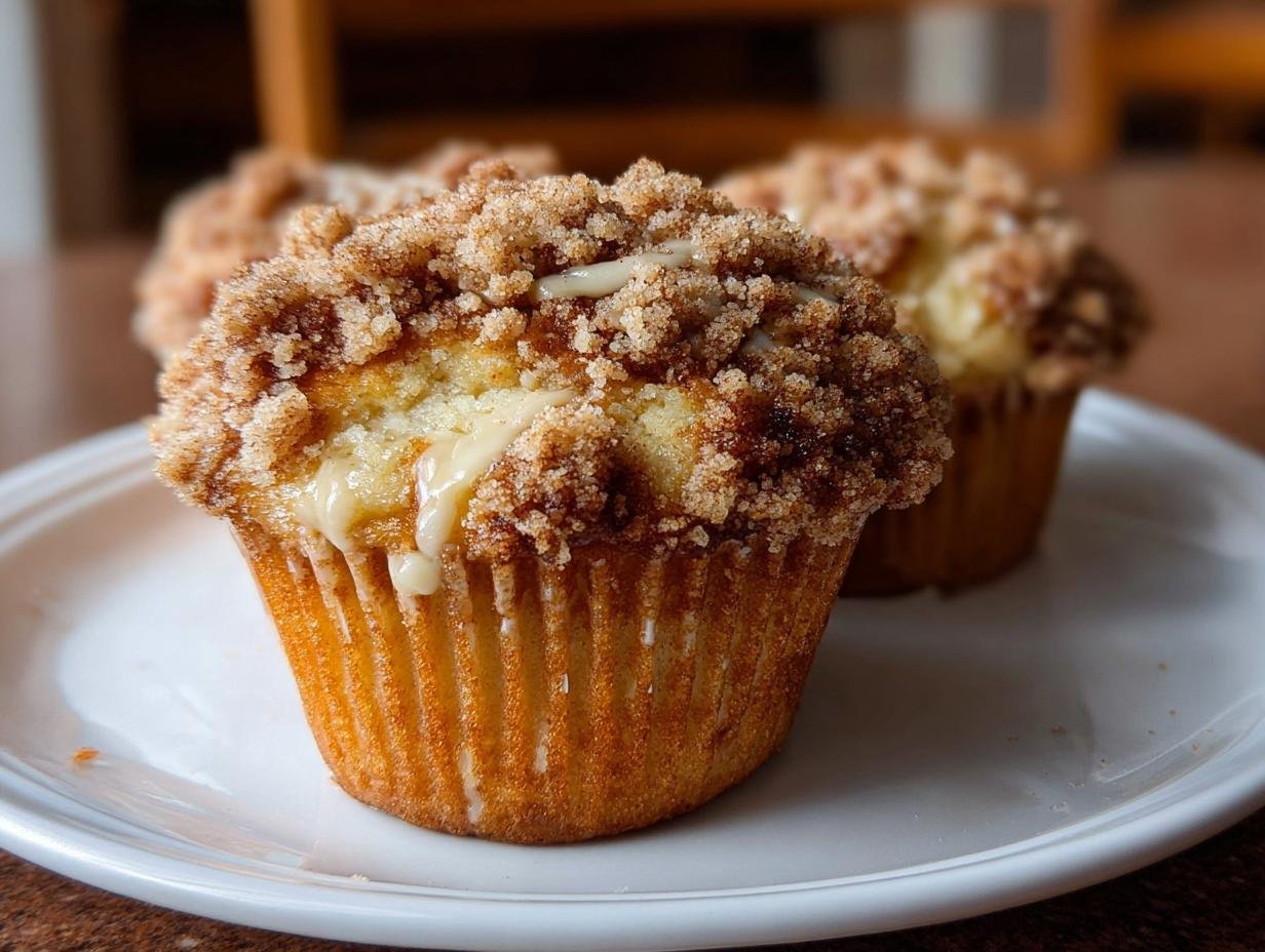 Gros plan sur un muffin pomme cannelle streusel avec un glaçage dégoulinant et une garniture croustillante.