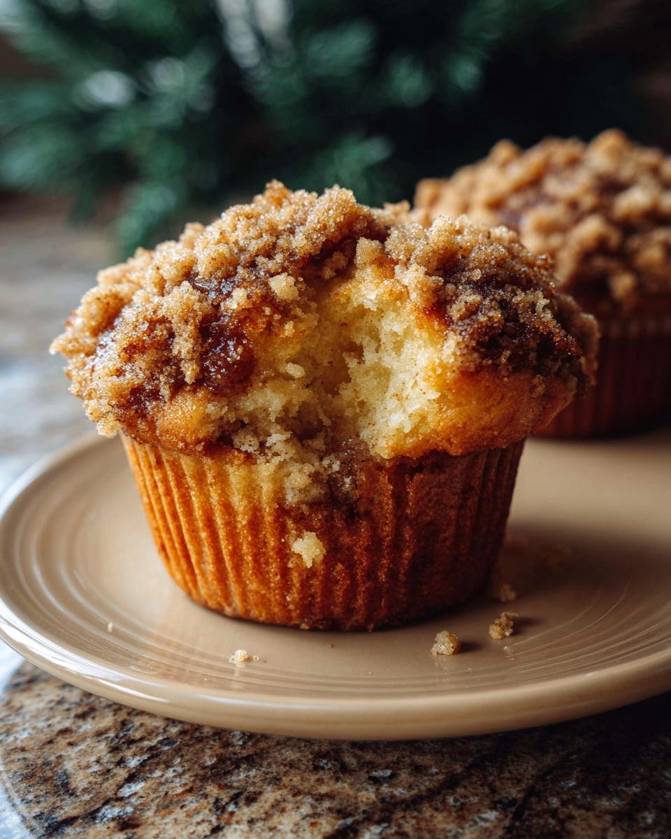 Gros plan d'un muffin pomme cannelle streusel avec une bouchée manquante, révélant sa texture moelleuse.