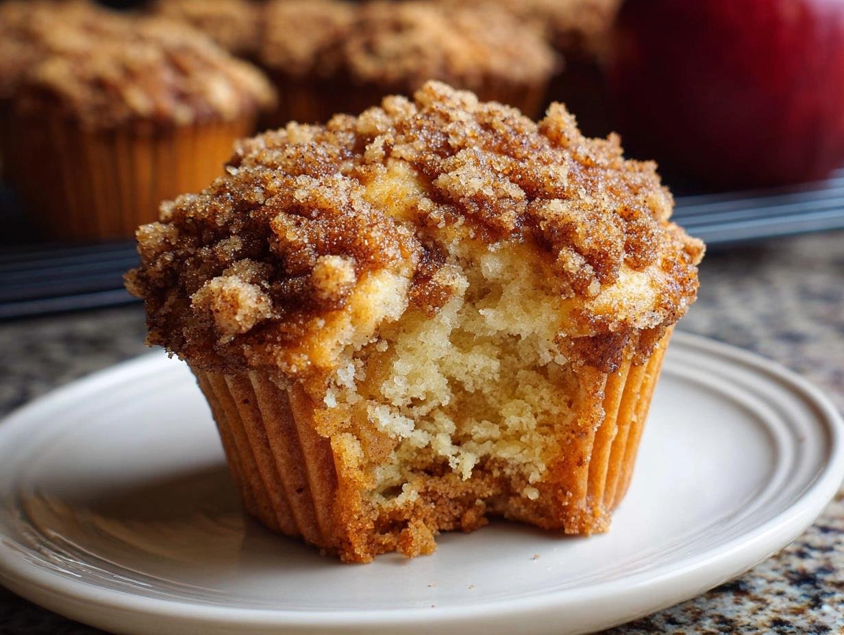 Gros plan d'un muffin pomme cannelle streusel avec une bouchée manquante, révélant sa texture moelleuse.