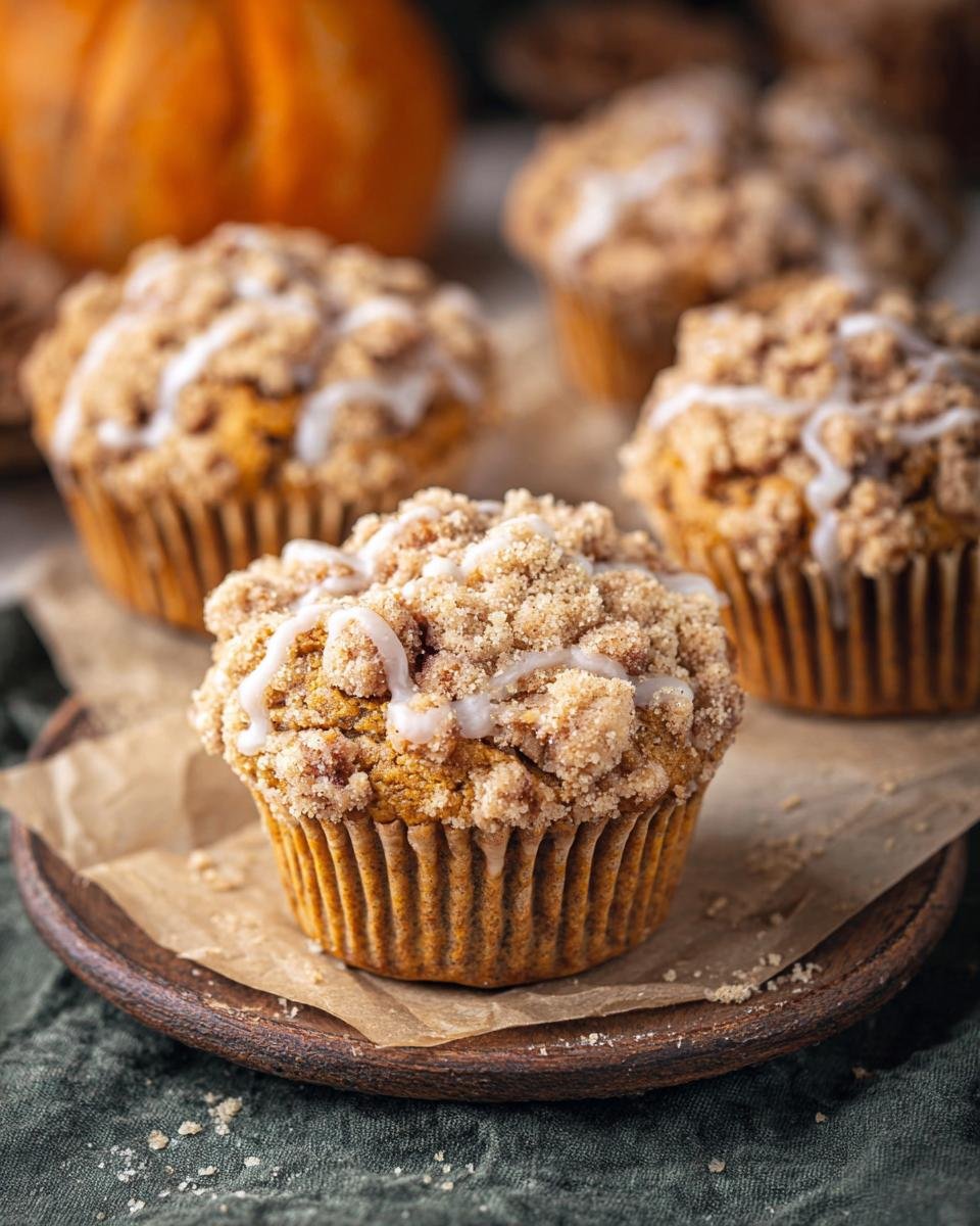 Muffins potiron crumble : 1 recette automnale divine 2 Gros plan sur des muffins au potiron avec une généreuse garniture de crumble et un filet de glaçage blanc.