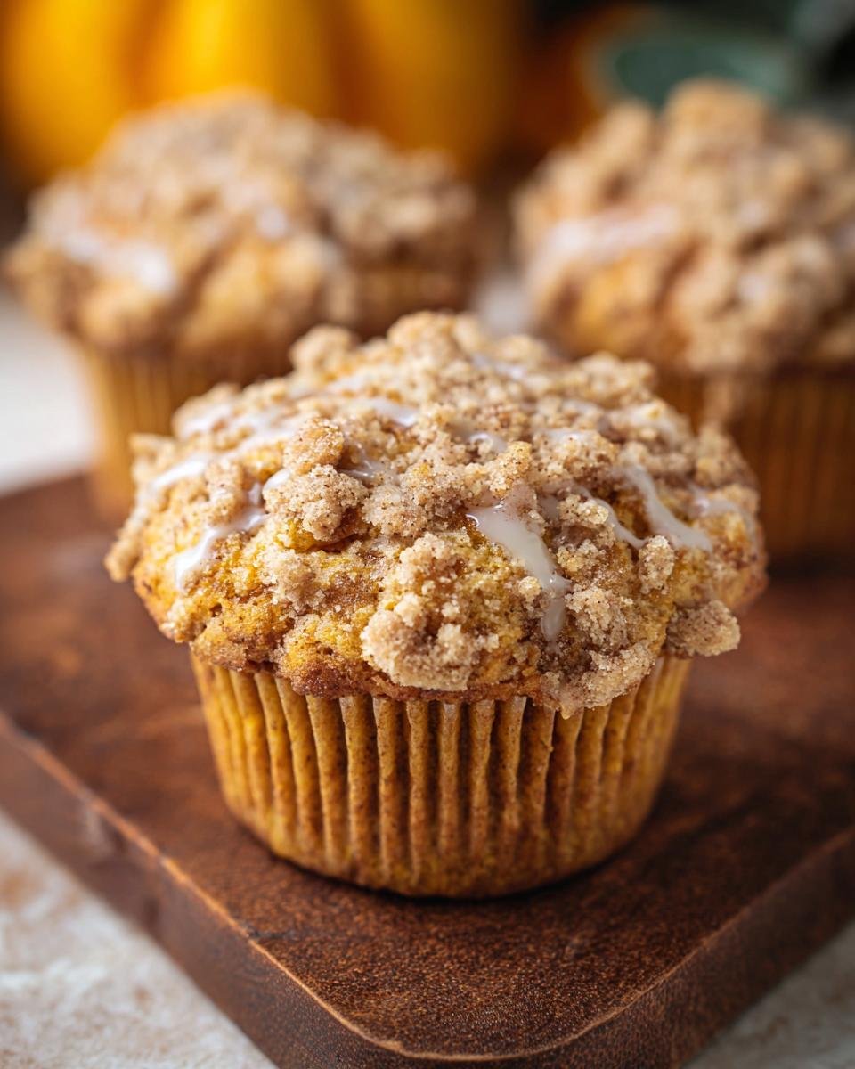 Muffins potiron crumble : 1 recette automnale divine 3 Gros plan sur un muffin au potiron avec crumble croustillant et un léger glaçage, sur fond de citrouilles.