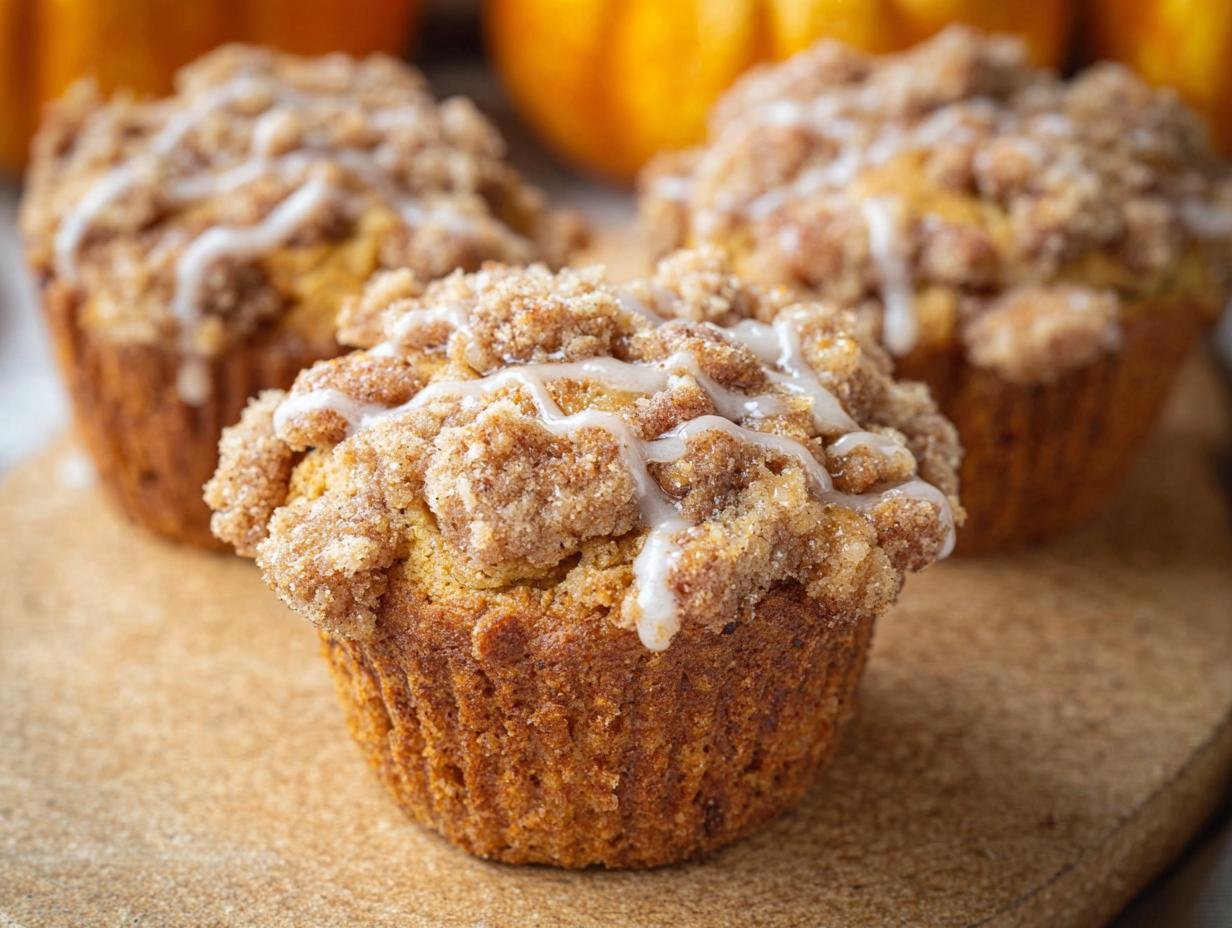 Gros plan sur des muffins au potiron avec une garniture crumble et un glaçage blanc.