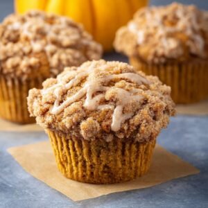 Gros plan sur un muffin au potiron avec crumble et glaçage, avec d'autres muffins et une citrouille en arrière-plan.