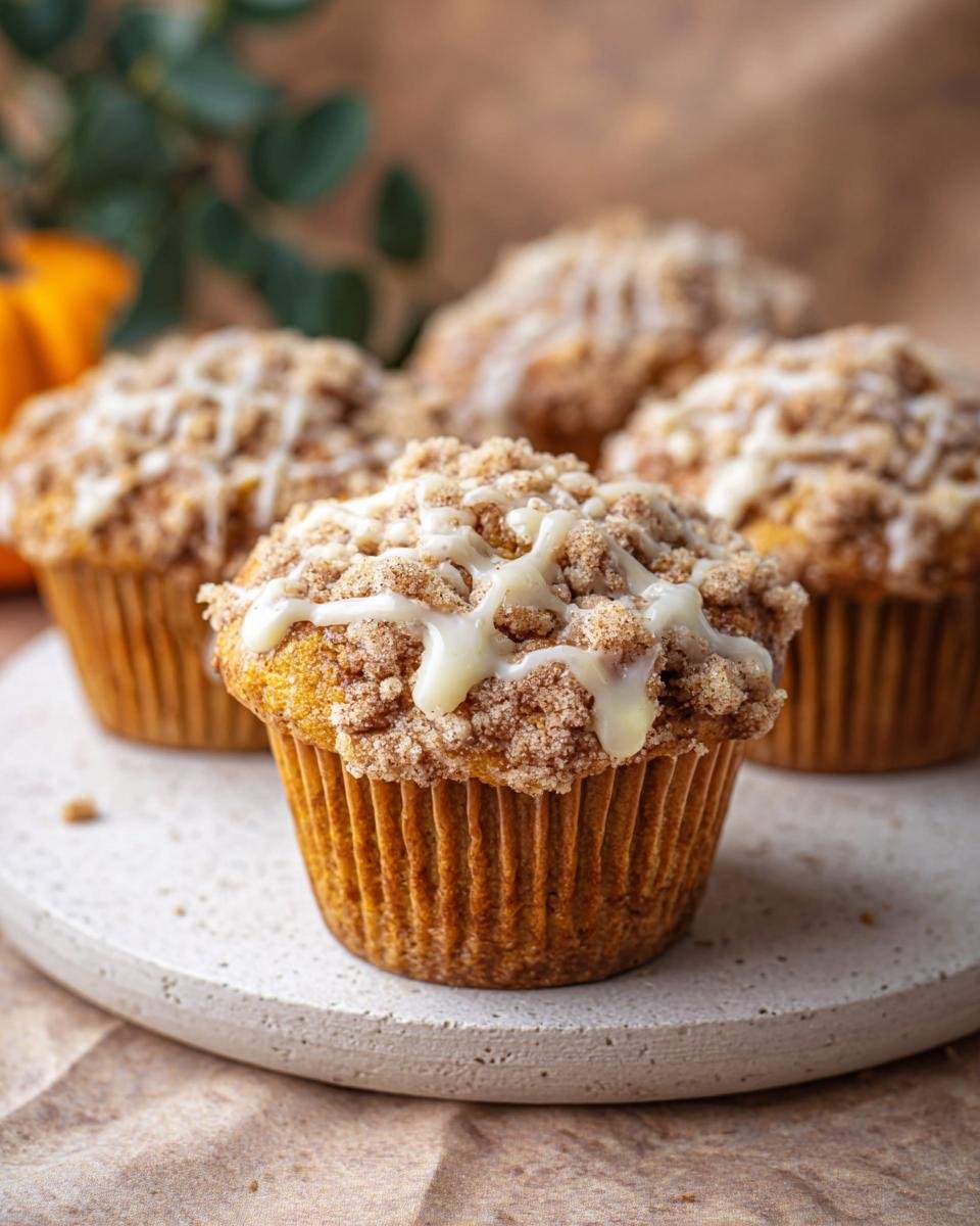 Muffins potiron crumble : 1 recette automnale divine 4 Gros plan sur des muffins au potiron avec crumble et un glaçage blanc dégoulinant.