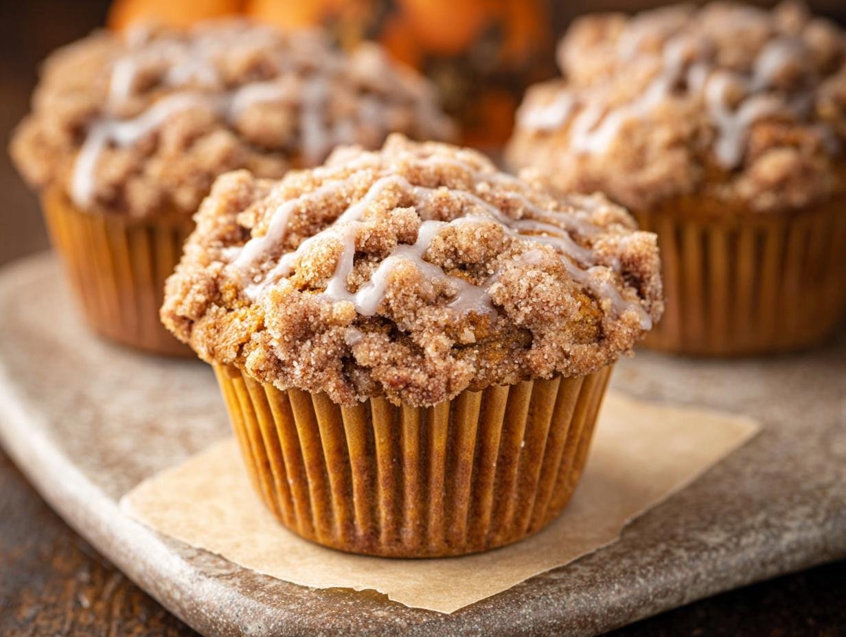 Muffins potiron crumble : 1 recette automnale divine 1 Gros plan sur un muffin au potiron avec crumble et glaçage, avec d'autres muffins flous en arrière-plan.