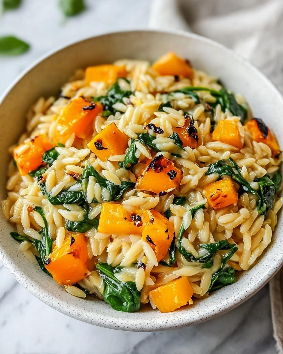 Orzo crémeux butternut épinards : 1 recette divine 1 Gros plan d'un bol d'orzo crémeux butternut épinards, avec des morceaux de courge rôtie et des épinards frais.