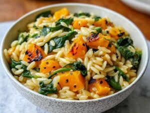 Un bol d'orzo crémeux butternut épinards, garni de graines de sésame noir.