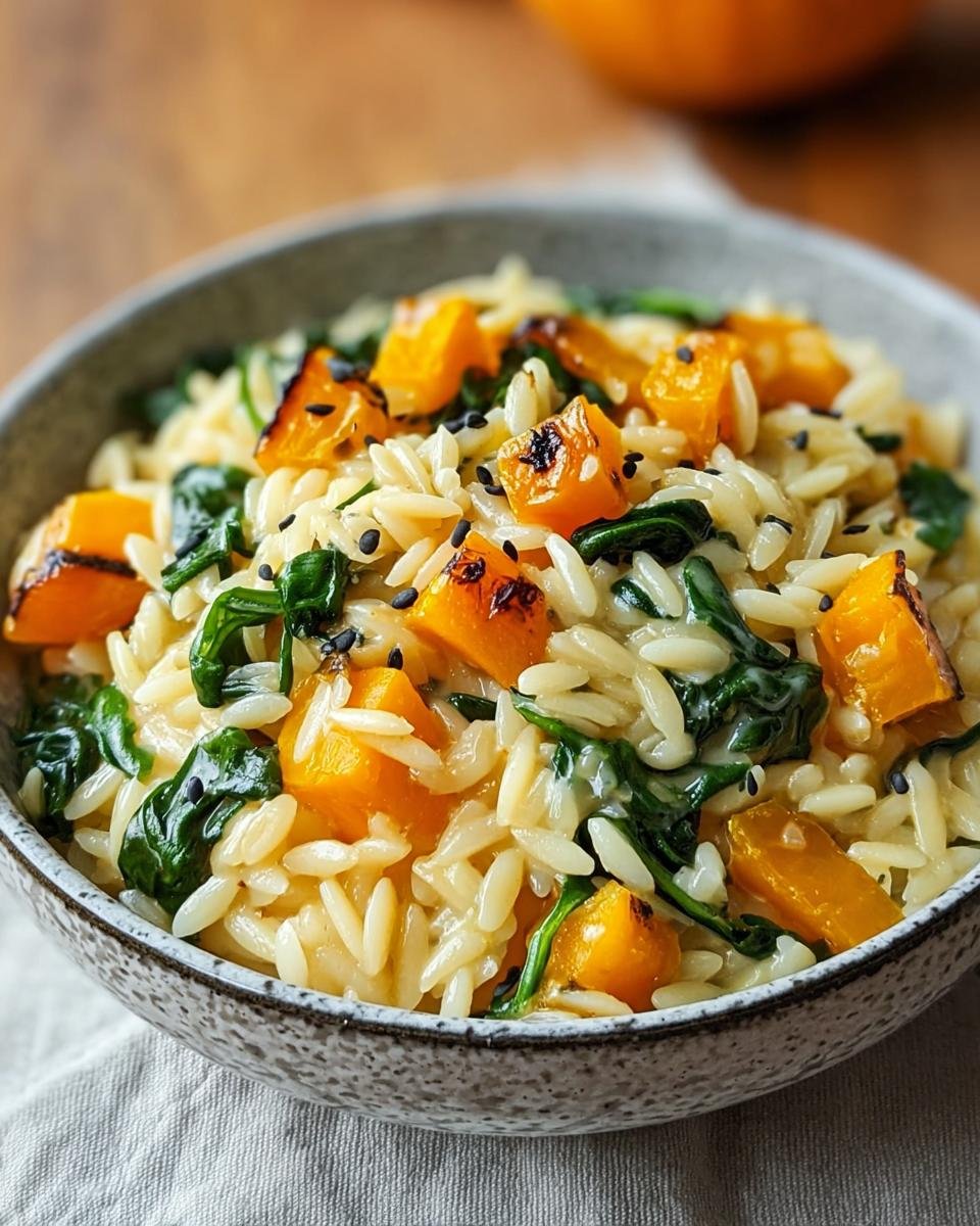 Orzo crémeux butternut épinards : 1 recette divine 2 Orzo crémeux butternut épinards servi dans un bol, garni de graines de sésame noir.