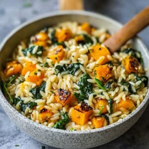 Gros plan d'un bol d'orzo crémeux butternut épinards, garni de dés de courge rôtie et d'épinards frais.