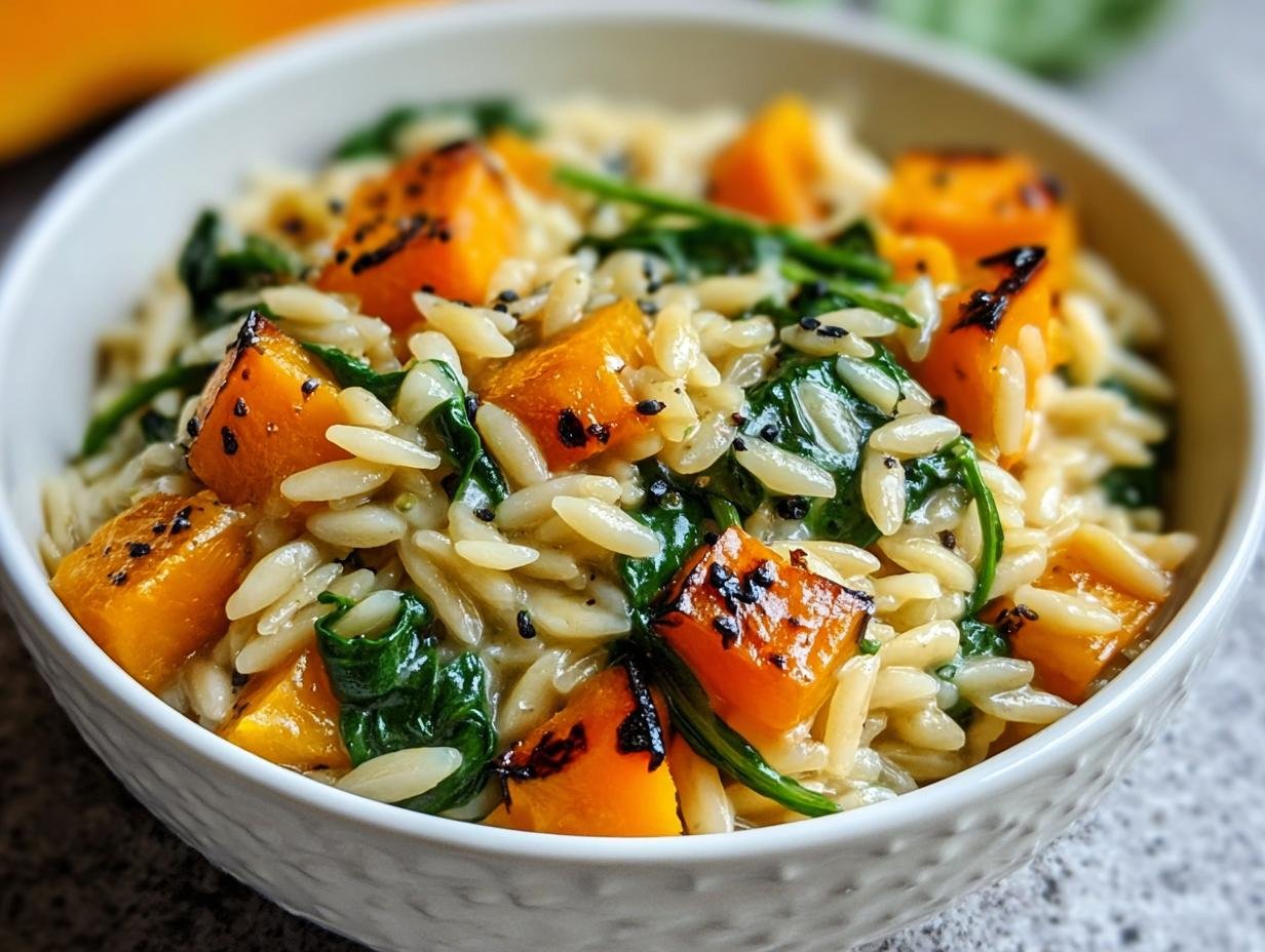 Orzo crémeux butternut épinards : 1 recette divine 3 Gros plan d'un bol d'orzo crémeux butternut épinards, garni de graines noires.