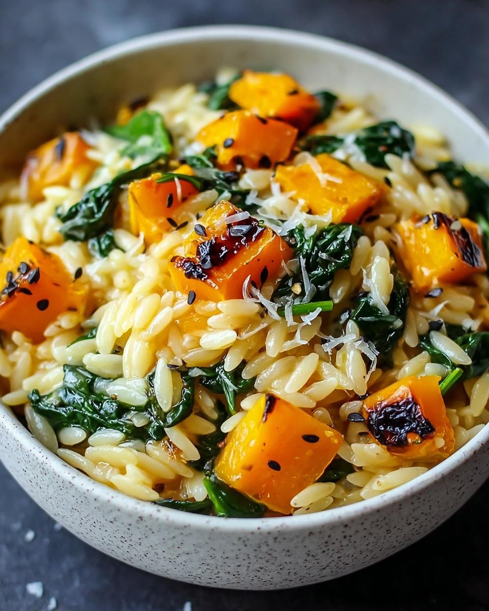 Orzo crémeux butternut épinards : 1 recette divine 4 Orzo crémeux butternut épinards garni de graines de sésame noir et de parmesan râpé.