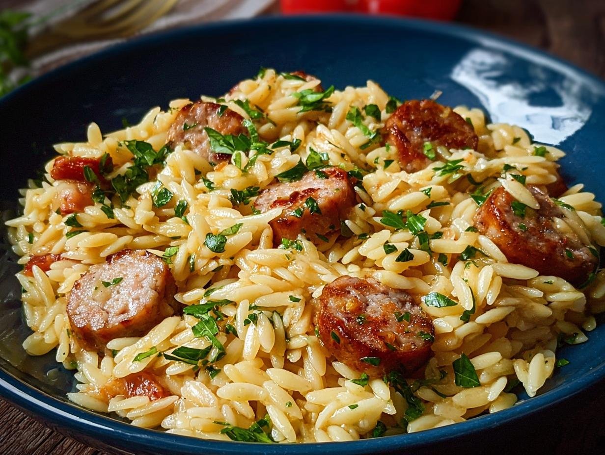 Orzo Saucisses Beurre Ail: 4 astuces gourmandes 1 Gros plan d'Orzo aux Saucisses et Beurre à l'Ail, garni de persil frais.