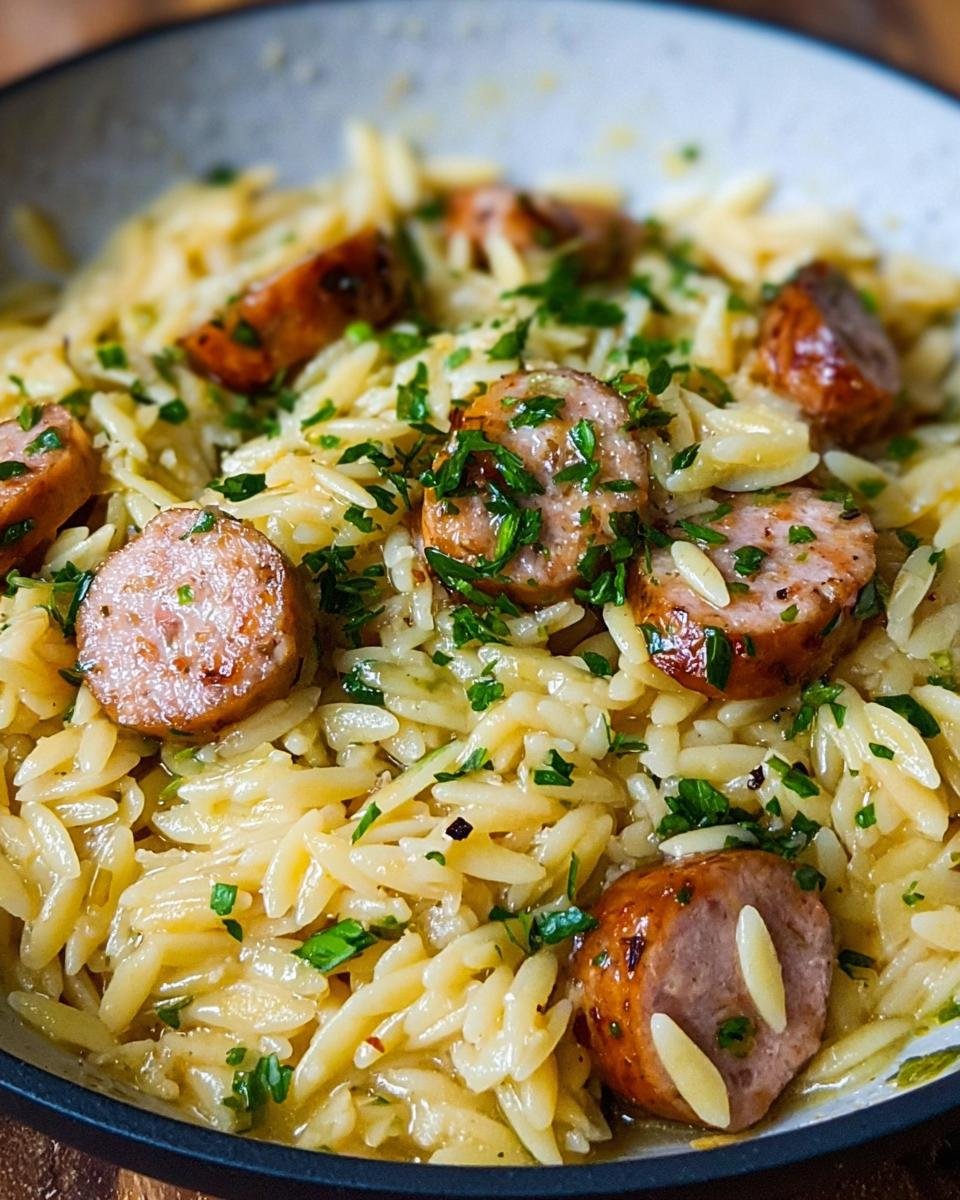 Orzo Saucisses Beurre Ail: 4 astuces gourmandes 2 Gros plan d'Orzo aux Saucisses et Beurre à l'Ail, garni de persil frais.