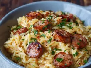 Orzo aux saucisses et beurre à l'ail, garni de persil frais, servi dans un bol.