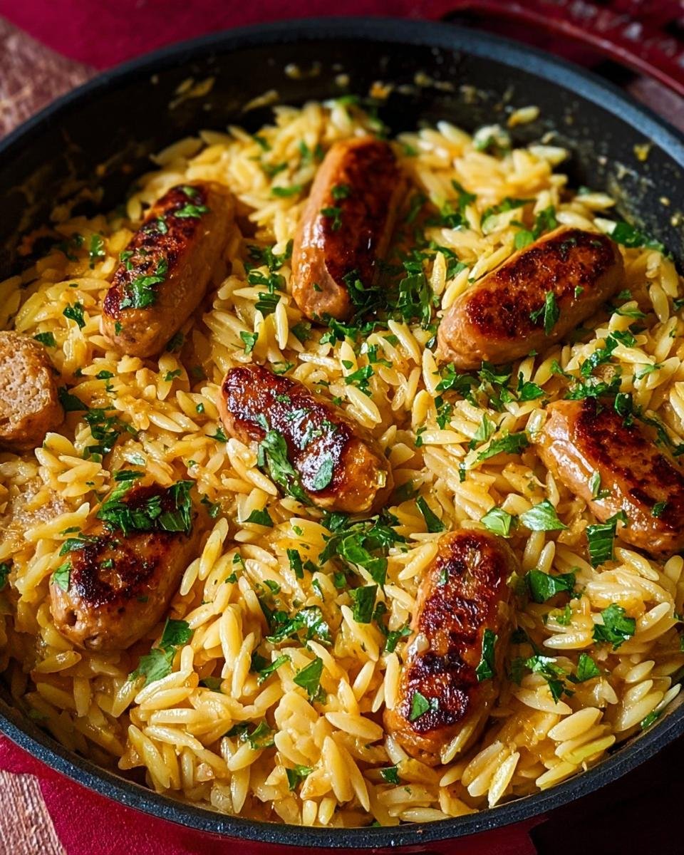 Orzo Saucisses Beurre Ail: 4 astuces gourmandes 3 Gros plan d'un plat d'orzo aux saucisses et au beurre à l'ail, garni de persil frais.