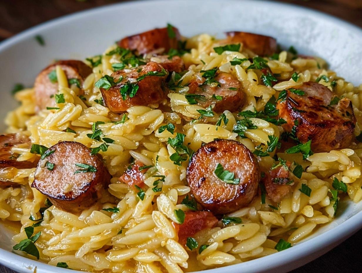 Orzo Saucisses Beurre Ail: 4 astuces gourmandes 4 Gros plan sur un plat d'orzo aux saucisses grillées et persil frais, baignant dans une sauce au beurre à l'ail.