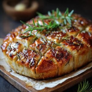 Gros plan d'un pain à l'ail rôti et romarin coupé en portions, garni d'herbes fraîches et d'une sauce brillante.