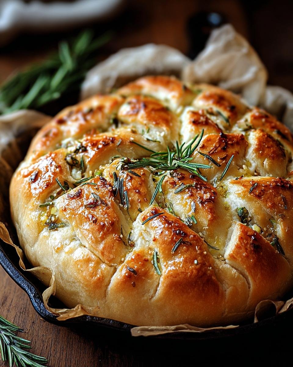 Gros plan d'un pain à l'ail rôti et romarin doré et appétissant, prêt à être servi.
