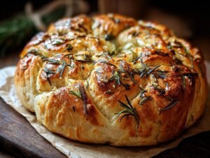 Gros plan d'un pain à l'ail rôti et romarin, doré et croustillant, parsemé de brins de romarin frais.