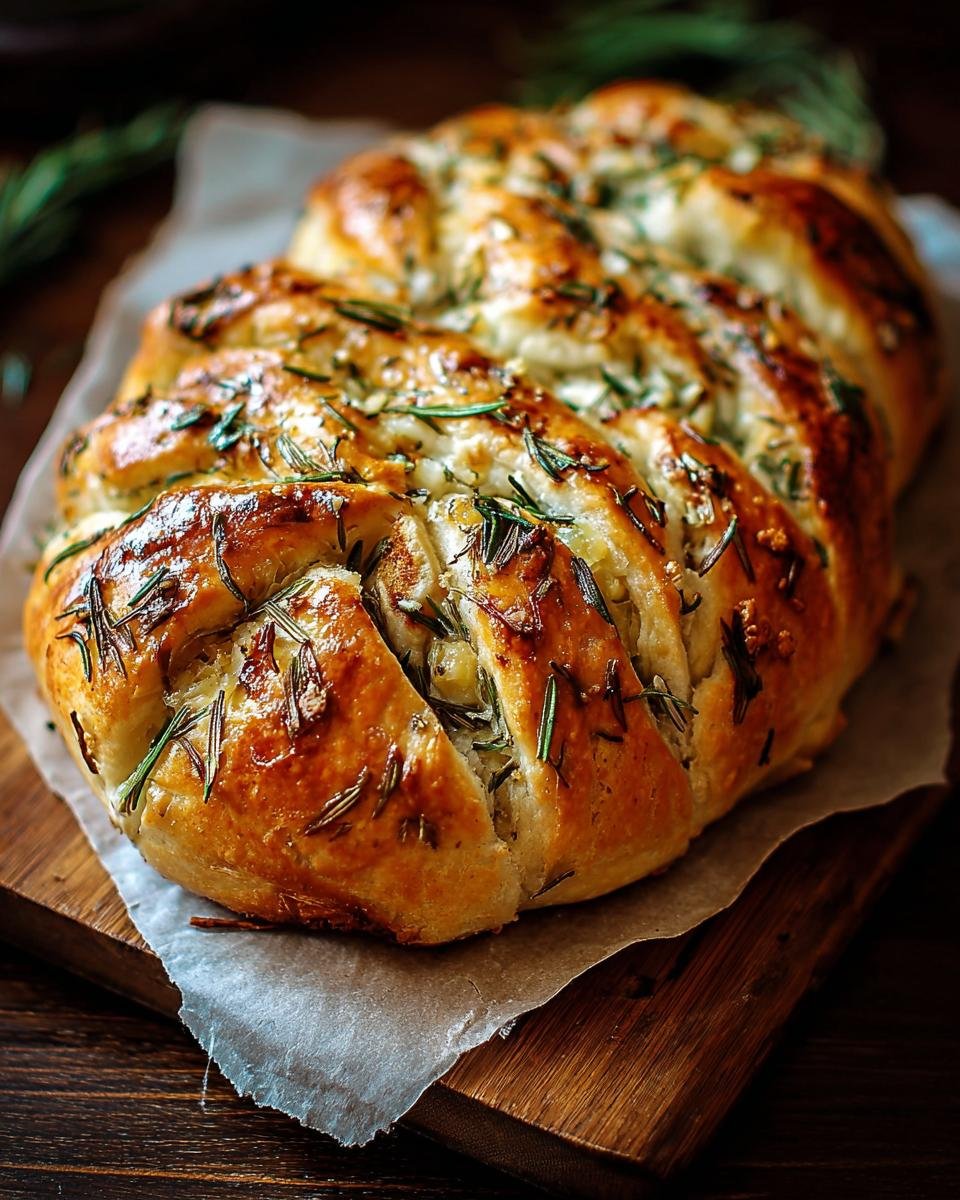 Gros plan d'un pain à l'ail rôti et romarin, doré et garni d'herbes fraîches.