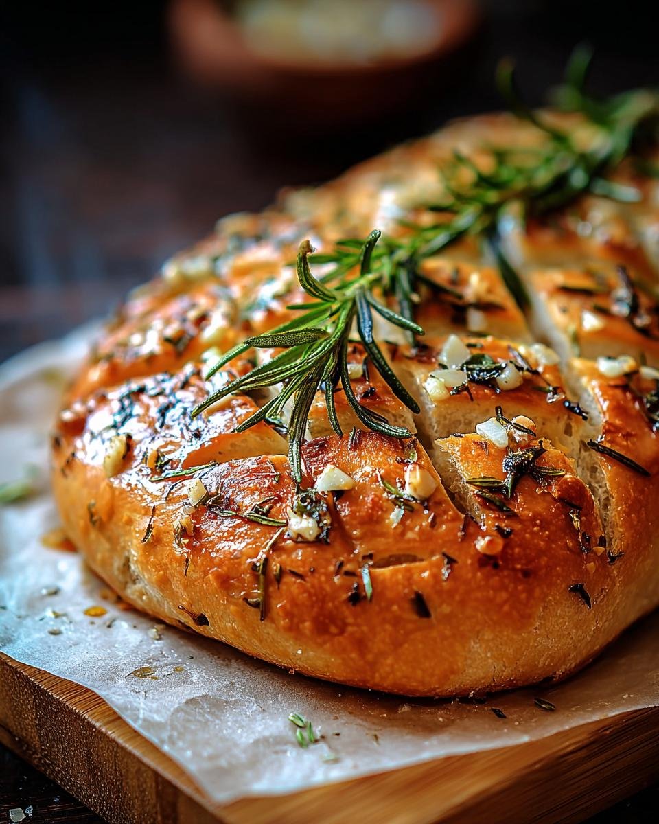 Gros plan d'un pain à l'ail rôti et romarin, doré et garni de brins de romarin frais et d'ail émincé.