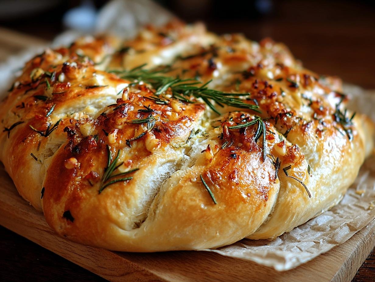 Gros plan d'un pain à l'ail rôti et romarin doré, garni de romarin frais et d'ail émincé.