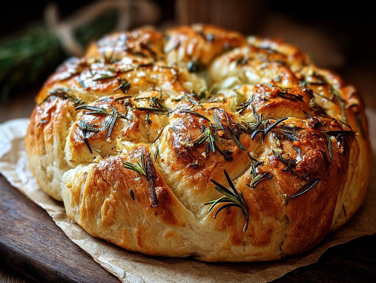 Gros plan d'un pain à l'ail rôti et romarin, doré et croustillant, parsemé de brins de romarin frais.