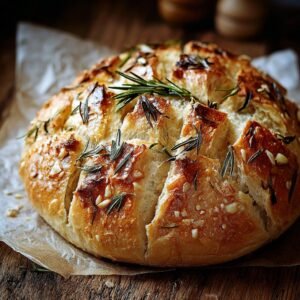 Gros plan d'un pain artisanal à l'ail rôti et romarin, doré et garni d'herbes fraîches et d'ail.
