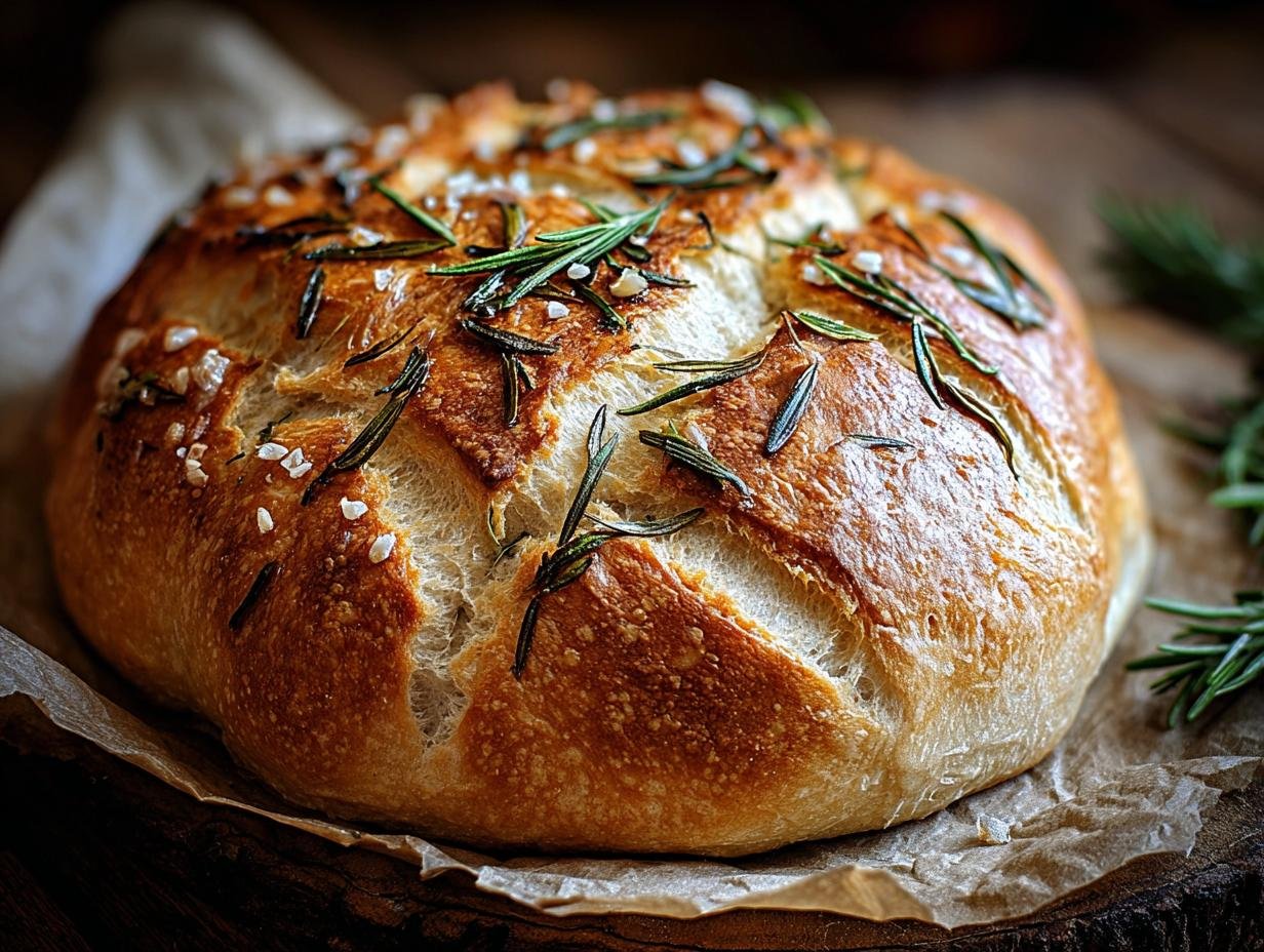 Pain Artisanal : 1 Secret d'Ail Rôti 3 Gros plan d'un pain artisanal à l'ail rôti et romarin, garni de romarin frais et de gros sel.