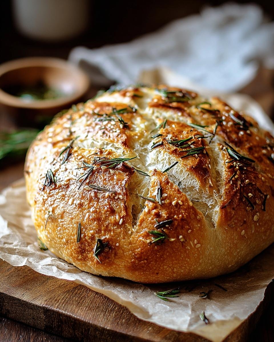 Pain Artisanal : 1 Secret d'Ail Rôti 1 Gros plan d'un pain artisanal à l'ail rôti et romarin, doré et parsemé de graines.
