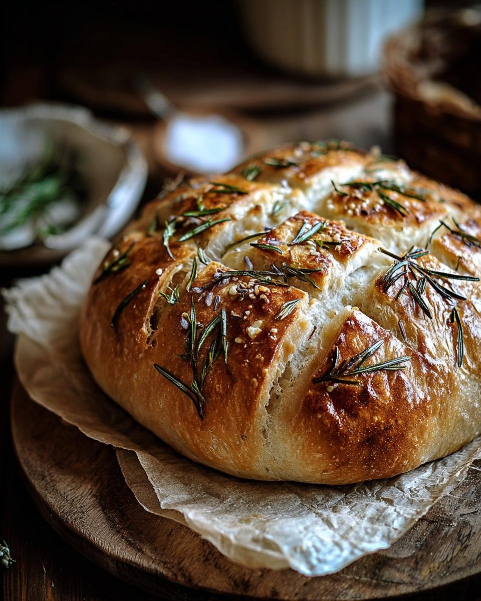 Pain Artisanal : 1 Secret d'Ail Rôti 4 Gros plan d'un pain artisanal à l'ail rôti et romarin, doré et garni d'herbes fraîches.