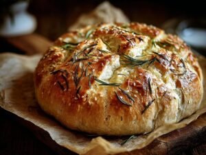 Gros plan d'un pain artisanal à l'ail rôti et romarin, garni de graines de sésame et de romarin frais.