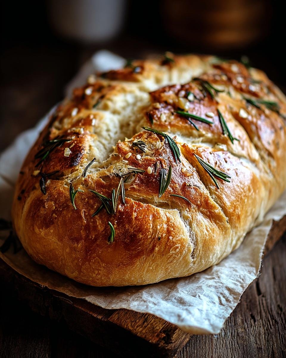 Pain Artisanal : 1 Secret d'Ail Rôti 2 Gros plan d'un pain artisanal à l'ail rôti et romarin, doré et croustillant, parsemé d'herbes fraîches.