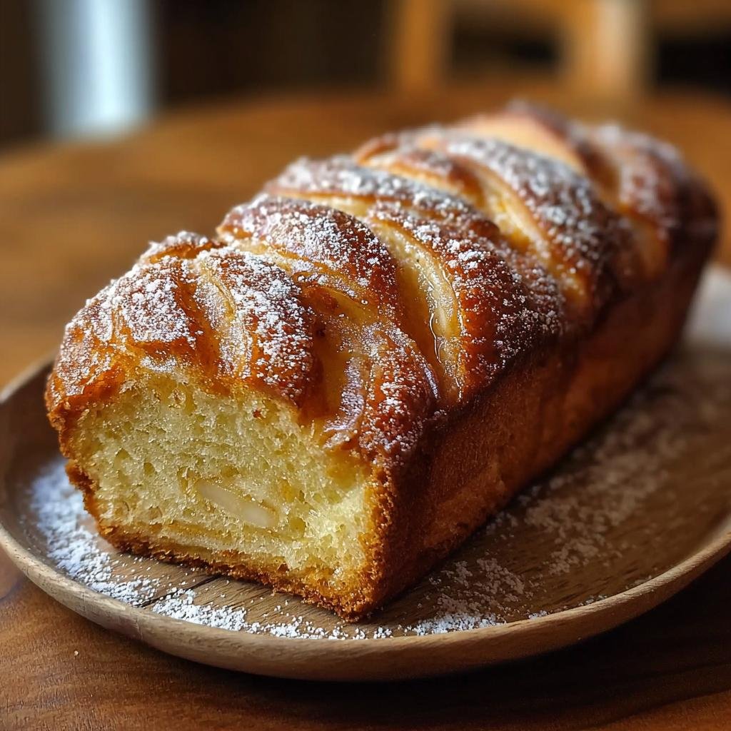 Gros plan sur un pain au cidre de pomme et cannelle, saupoudré de sucre glace, sur une assiette en bois.